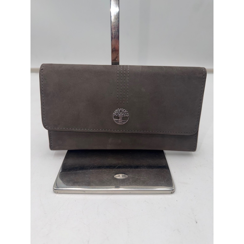 Timberland Womens Genuine Leather Trifold Clutch Wallet Gray Tree Logo Emblem